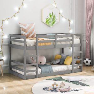 Twin Over Twin Low Bunk Bed, Solid Wood Floor Bunk Bed with Ladder, for Toddlers Kids Boys Girls (Gray)