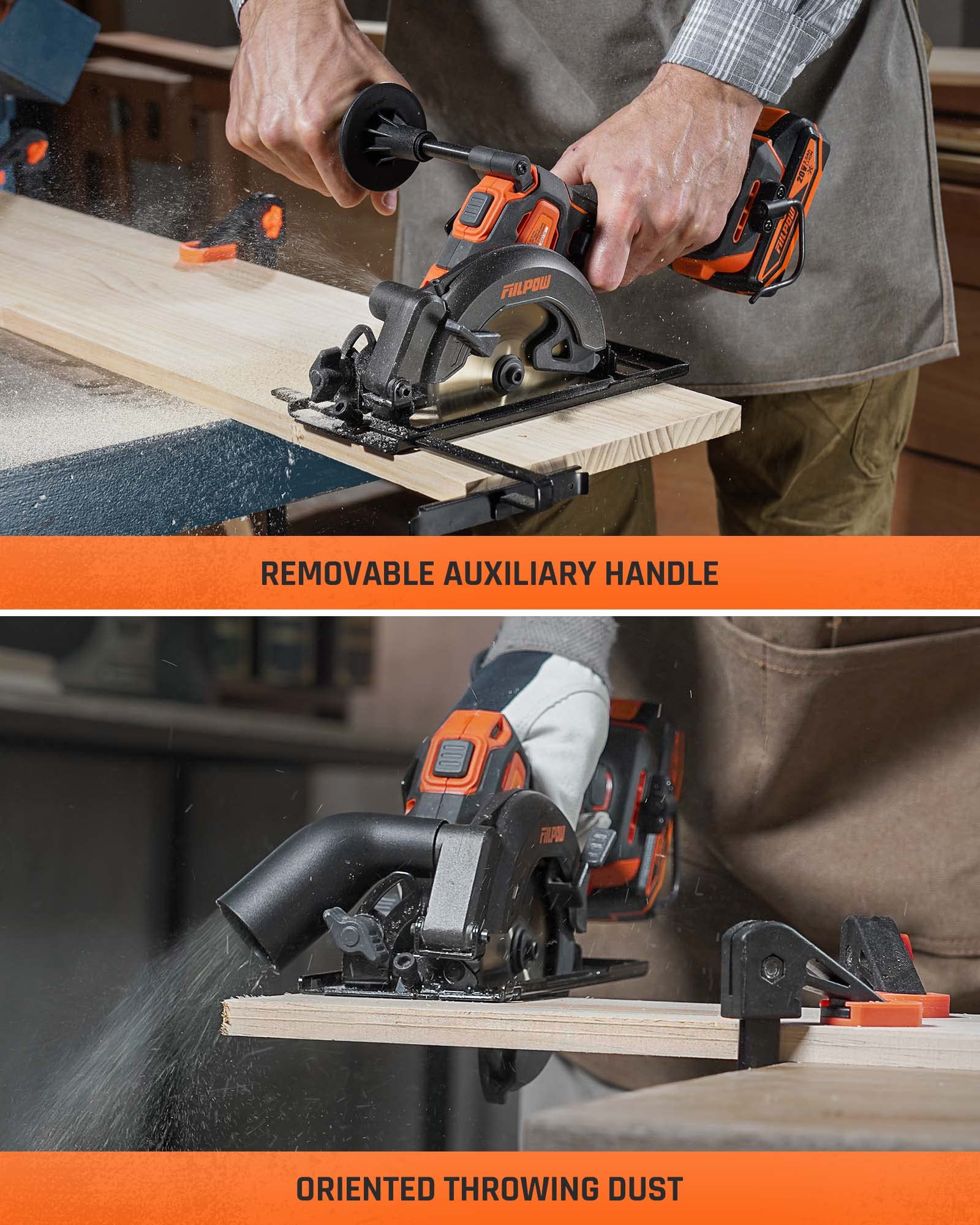 FIILPOW Mini Circular Saw Cordless 4-1/2", 20V Brushless Compact Hand Saw Wireless, 5500 RPM & 2.0Ah battery & Fast Charging, 3 Blades (24 TCT/80 HCS/60 DIAMOND) for Wood, Soft Metal and Tile