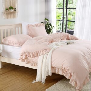 Pink Ruffled Duvet Cover Twin, 2PCS Soft Washed Microfiber Vintage French Country Duvet Cover Set for Kids Girls, Pink, 68x90 in