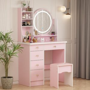 ecacad vanity desk set with led lighted round mirror, makeup dressing table with 5 drawers, storage shelves & cushioned stool for bedroom, pink