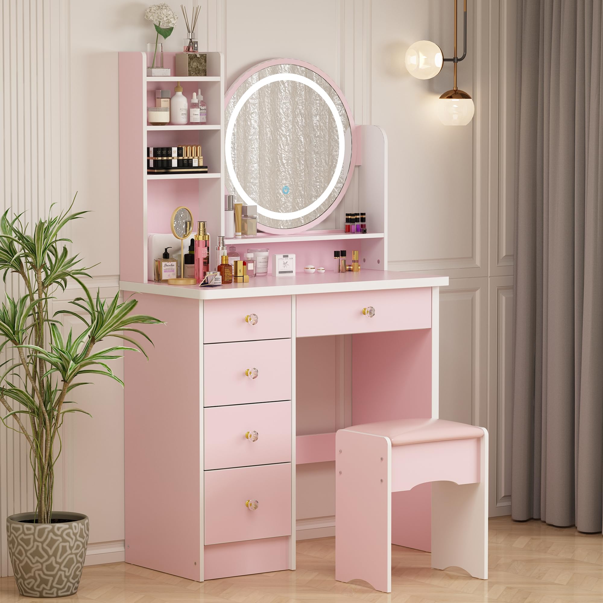 ECACAD Vanity Desk Set with LED Lighted Round Mirror, Makeup Dressing Table with 5 Drawers, Storage Shelves & Cushioned Stool for Bedroom, Pink