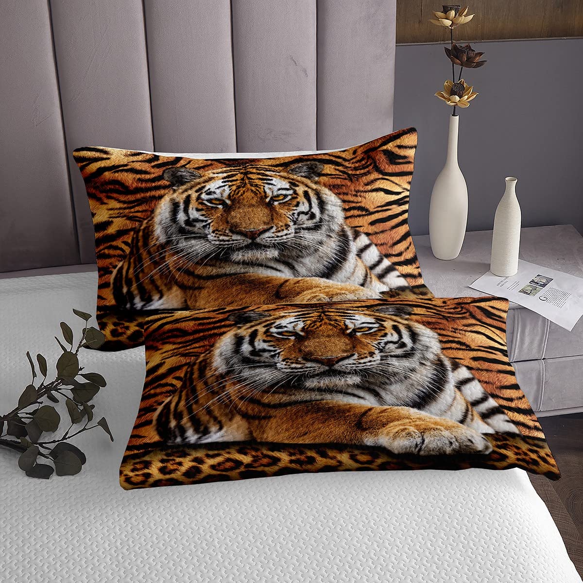 Manfei Tiger 3D Print Bedspread Queen Size,Wild Animals Bedding Set 3pcs for Kids Teens Boys Room Decor,Animal Fur Quilted Coverlet Leopard Soft Breathable Bedding Quilt with 2 Pillowcases