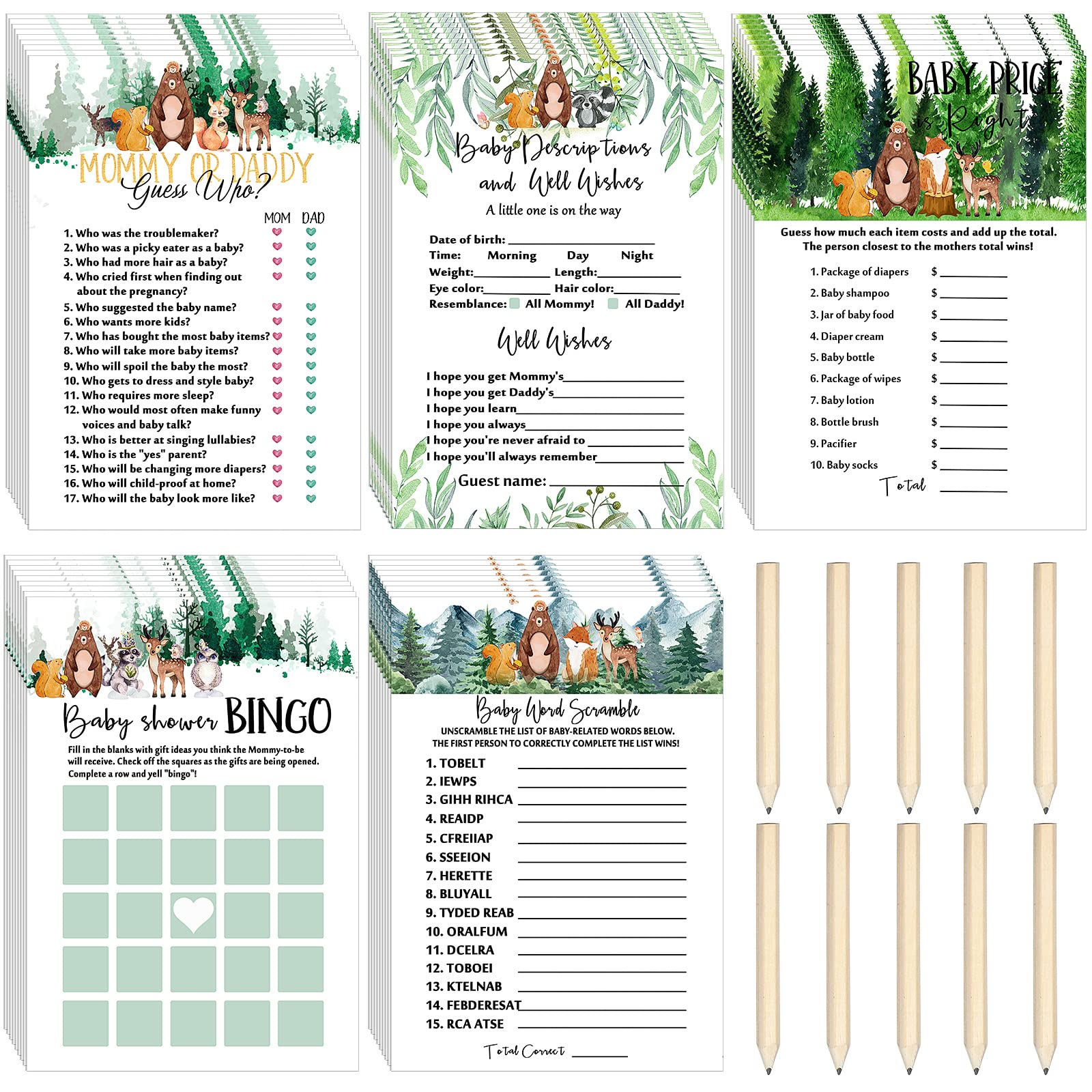 Gersoniel 135 Pieces Woodland Baby Shower Game Cards Forest Animals Baby Shower 5 Games Set Guess Who Mommy or Daddy Game Well Wishes Bingo Game Woodland Creatures Theme with Pencils for Boy Girl