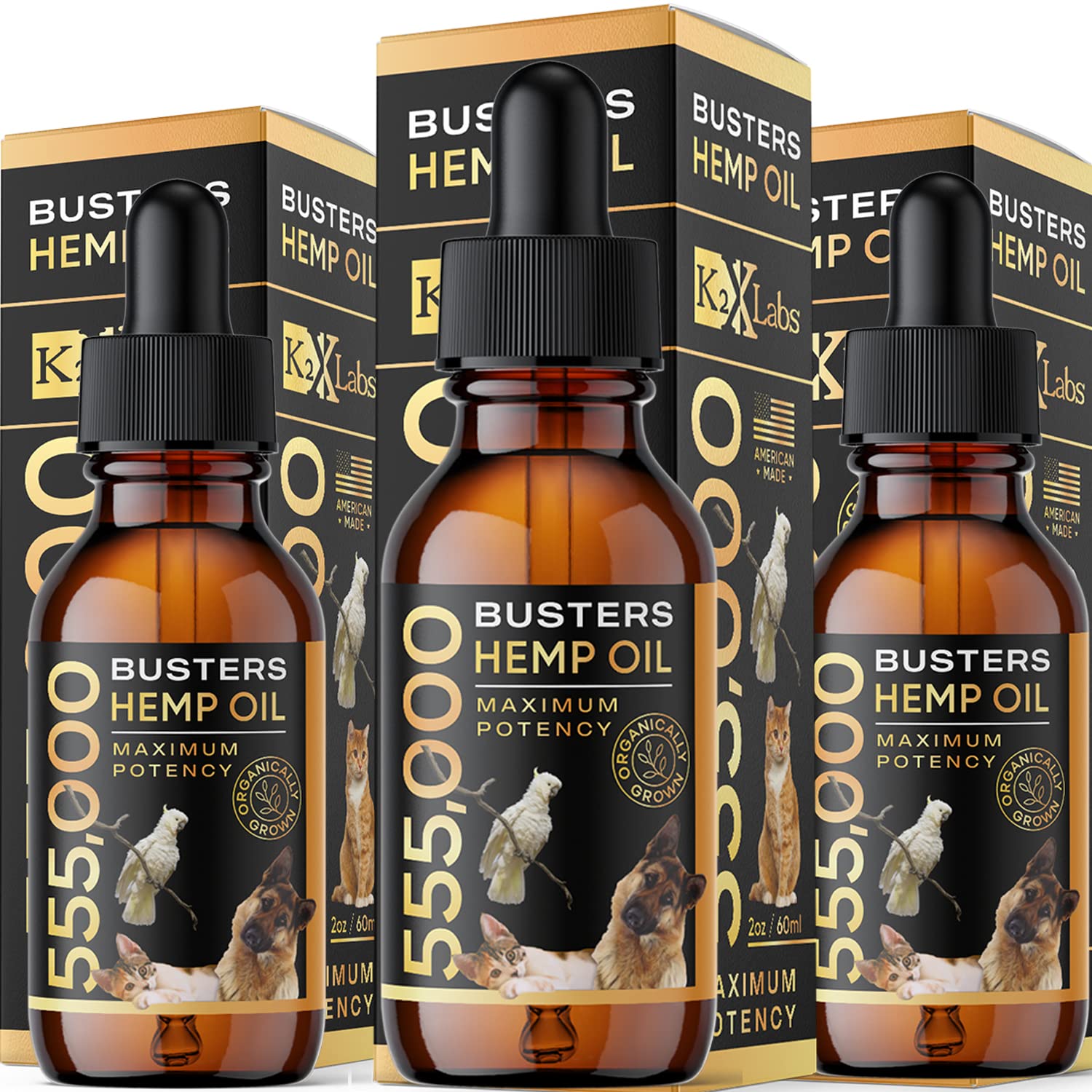 K2xLabs 3Pack-6Month Supply, Buster's Organic Hemp Oil for Dogs and Pets, 555,000 Max Potency, Large 60ml Bottle - Miracle Formula, Perfectly Balanced Omegas 3, 6, 9 - Joint Support, Calming