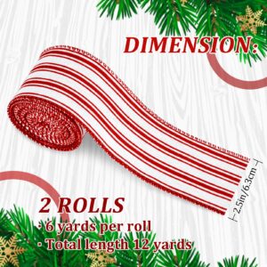 Whaline 2 Rolls Christmas Wired Edge Ribbon Christmas White Red Striped Fabric Ribbon Farmhouse Craft Ribbon for DIY Gift Wrapping Wreath Floral Arrangement Bow Decoration,2.5 Inch x 12 Yard