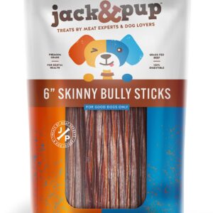 Jack&Pup 6 Inch Skinny Bully Sticks for Small Dogs | Thin Odor Free Bully Sticks Sheaths | All Natural, 100% Beef Pizzle Sticks for Seniors and Puppies (Skinny, 30 Pack)