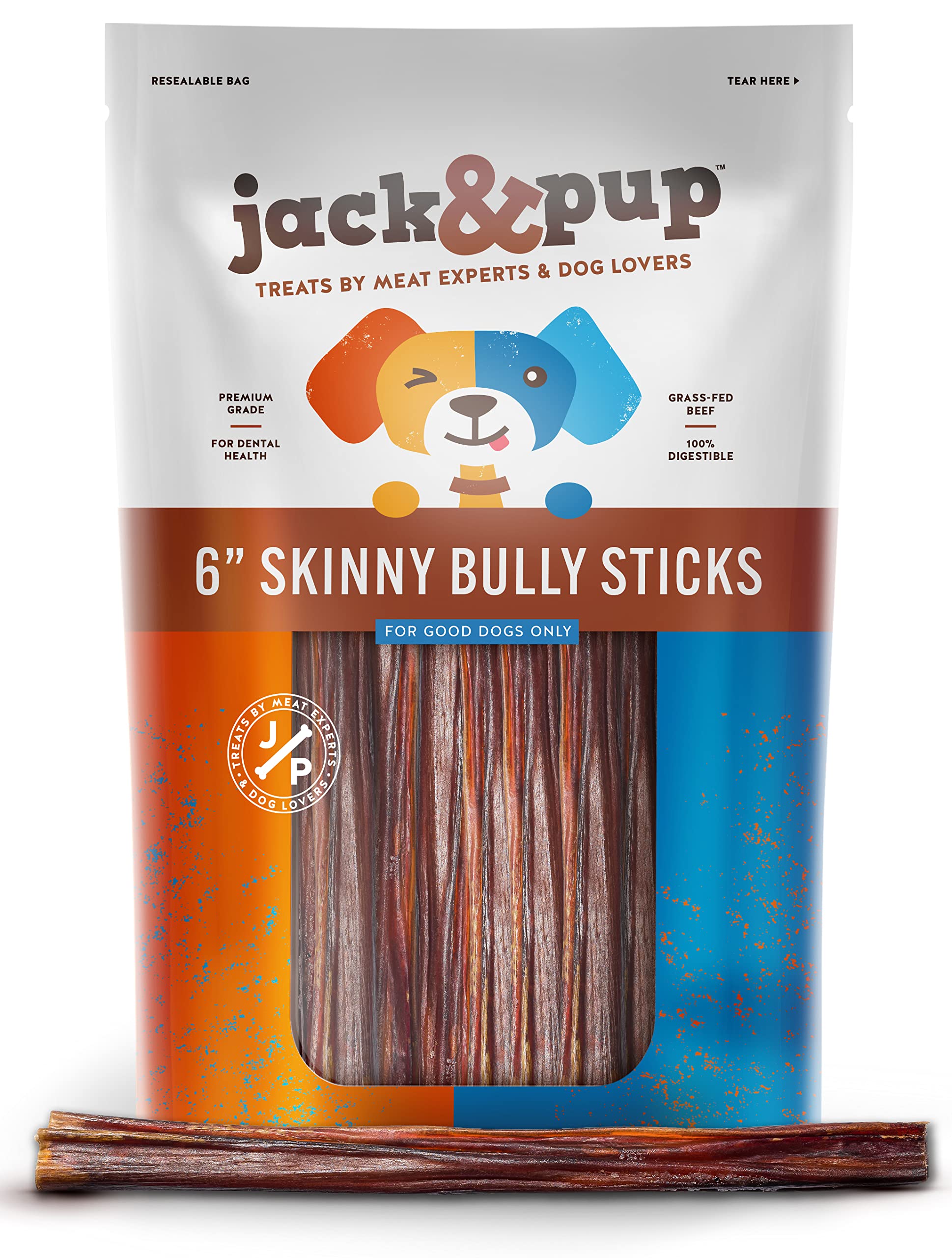 Jack&Pup 6 Inch Skinny Bully Sticks for Small Dogs | Thin Odor Free Bully Sticks Sheaths | All Natural, 100% Beef Pizzle Sticks for Seniors and Puppies (Skinny, 30 Pack)