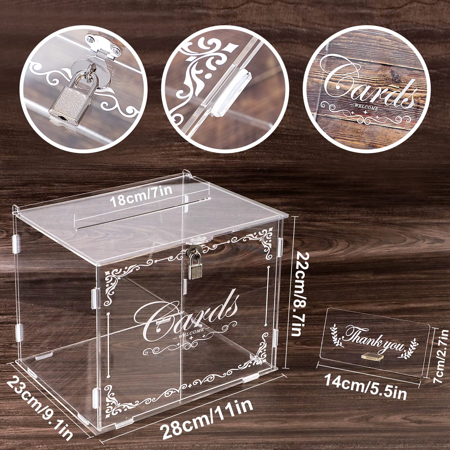 Ywlake Acrylic Wedding Card Box Money Post Gift Box Holder, Clear Card Box Large Letter Envelope Boxes with Lock and Slot for Reception Anniversary Birthday Party Baby Shower