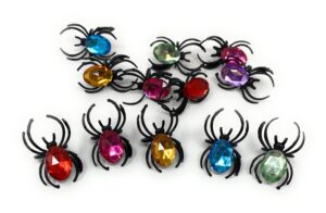 100 bulk halloween spider rings with gems assortment - black rings with assorted gems for creepy crawly party favors, treats, and cupcake toppers