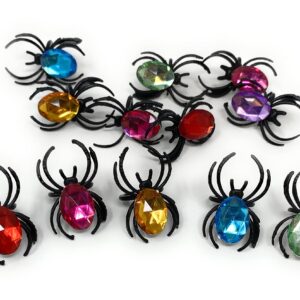 100 Bulk Halloween Spider Rings With Gems Assortment - Black Rings with Assorted Gems for Creepy Crawly Party Favors, Treats, and Cupcake Toppers