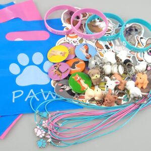 110 PCS Dog Party Favors Puppy Key Chain Necklace Silicone Wristbands Stickers Goodie Bags Button Badges For Birthday Party Favors Baby Shower Decorations Classroom Rewards Dog Theme Supplies