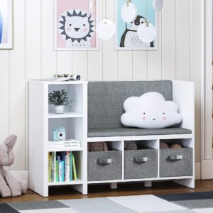 UTEX Kids Reading Nook Bench with Bookshelf, Kids Bookcase and Storage Organizer with Seat Cushion, Reading Bench with Bins for Bedroom & Entryway, White