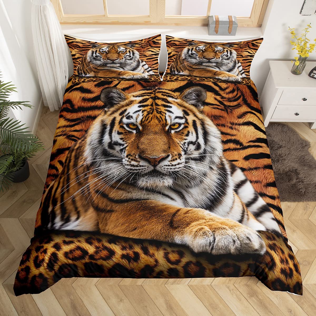 Tiger 3D Print Duvet Cover Set Queen Size Wild Animals Bedding Set 3pcs for Kids Teens Room Decor,Animal Fur Cover Soft Breathable Quilt Cover with 2 Pillowcases