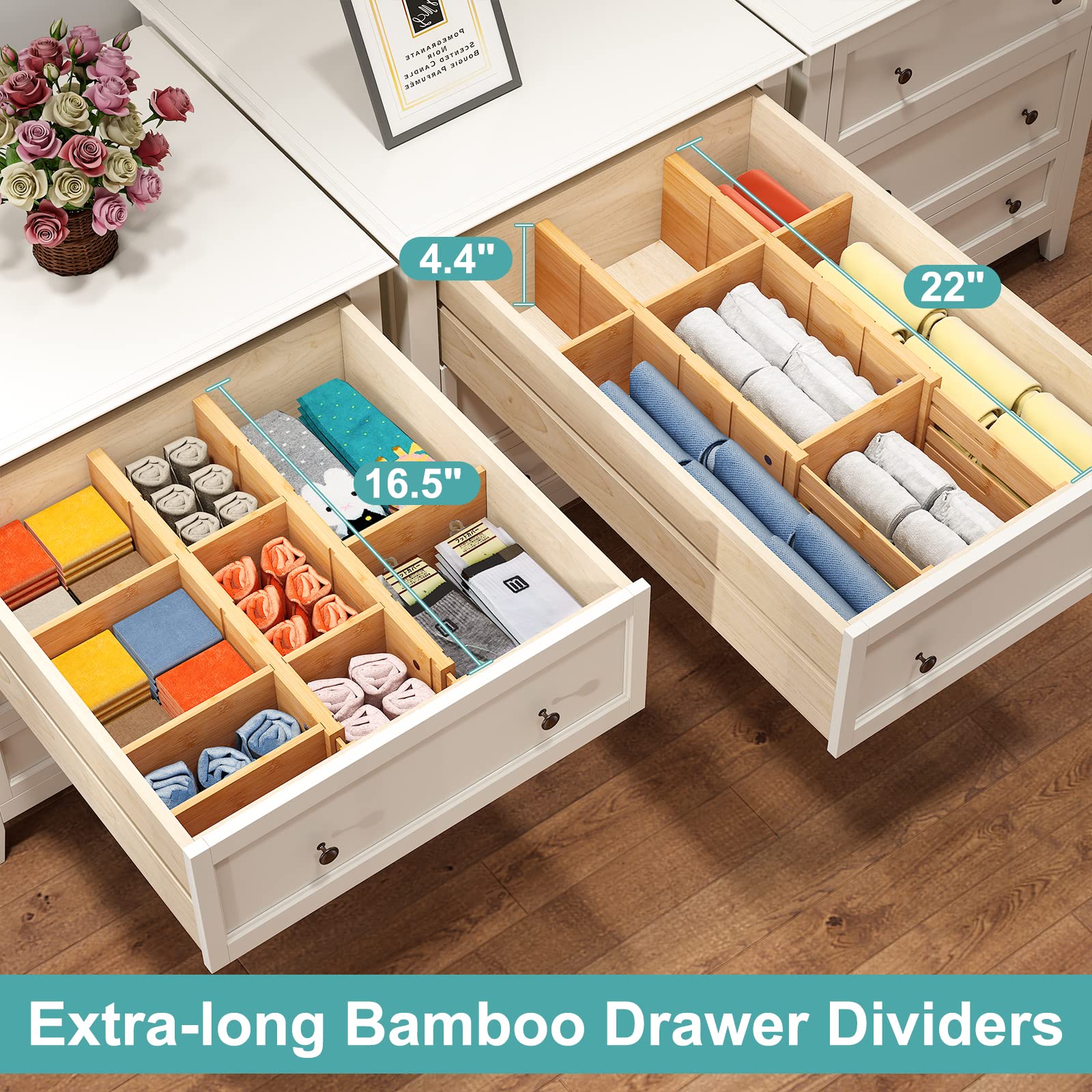 Vriccc 4.4" High Bamboo Drawer Dividers with Inserts, Kitchen Adjustable Drawer Organizers, Expandable Organization for Home, Office, Dressers, and Bathroom, 4 Divider with 8 Insert