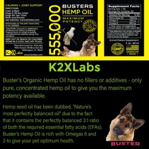 K2xLabs 3Pack-6Month Supply, Buster's Organic Hemp Oil for Dogs and Pets, 555,000 Max Potency, Large 60ml Bottle - Miracle Formula, Perfectly Balanced Omegas 3, 6, 9 - Joint Support, Calming