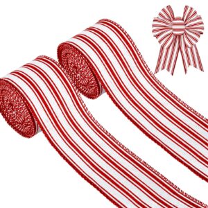 whaline 2 rolls christmas wired edge ribbon christmas white red striped fabric ribbon farmhouse craft ribbon for diy gift wrapping wreath floral arrangement bow decoration,2.5 inch x 12 yard