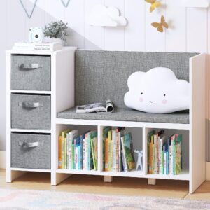 utex kids reading nook bench with bookshelf, kids bookcase and storage organizer with seat cushion, reading bench with bins for bedroom & entryway, white