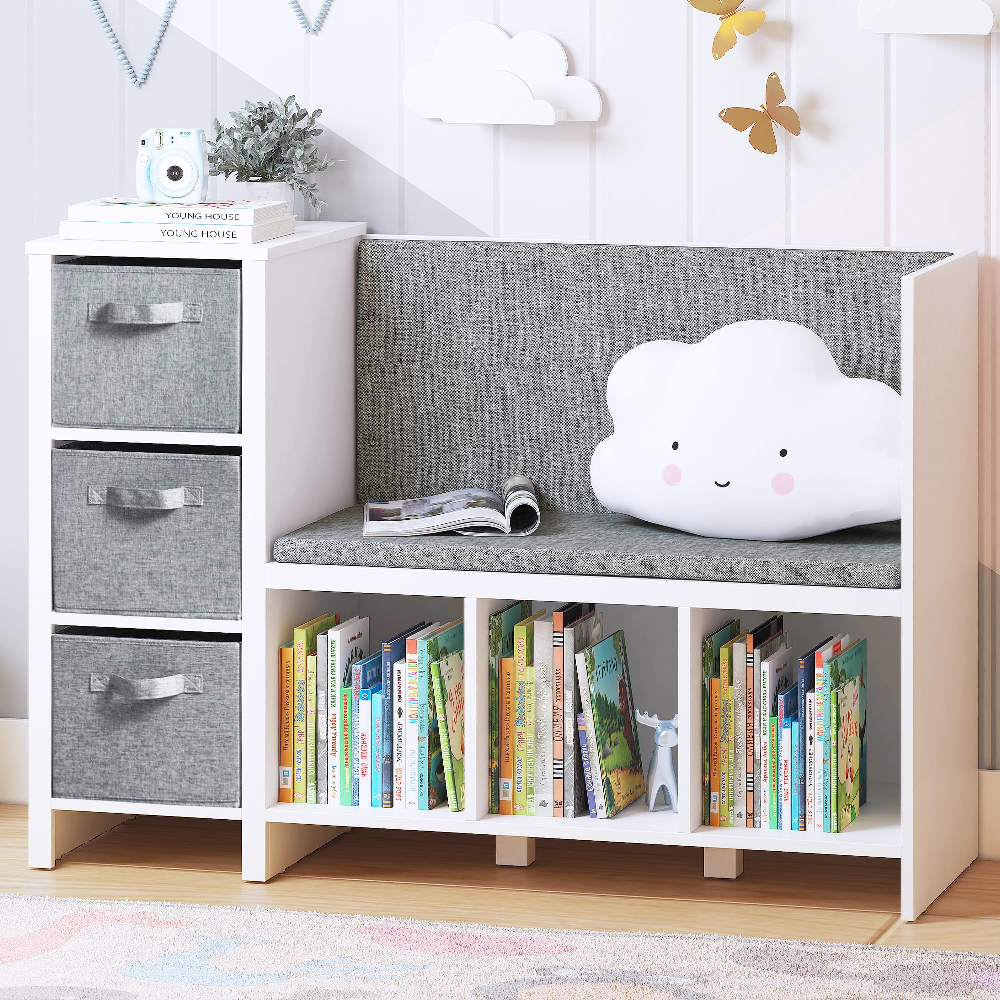 UTEX Kids Reading Nook Bench with Bookshelf, Kids Bookcase and Storage Organizer with Seat Cushion, Reading Bench with Bins for Bedroom & Entryway, White