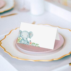 Place Cards for Blue Elephant Party, Editable Name Place Cards, Seating Place Cards for Tables, Tent Style Cards for Baby Shower, Birthday Party, Easy Folding, Pack of 25 Escort Cards(B04)