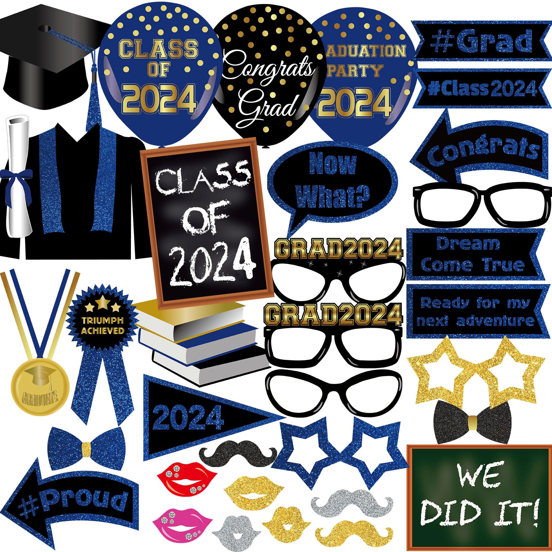 2024 Graduation Decorations Party Supplies Photo Booth Props, Blue Black Gold Graduation Pose Signs for Graduation Party, Upgraded Version with Long Paper Sticks and Long Double-Side Tapes 35Pcs