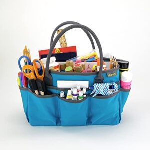 meori Large Portable Craft Tote Bag Caddy Organizer Structured Bottom Zipper Pocket Sewing Paper Art Quilting Padded Handles (Azure Blue)