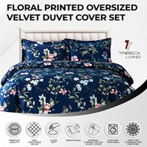 Tribeca Living Velvet Floral Printed King Duvet Cover Set, Soft Touch, Oversized, Luxury Three Piece Set Includes One Duvet Cover and Sham Pillowcases, Calla Multicolor