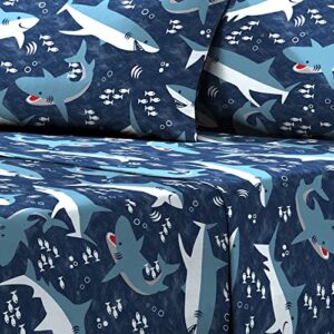 dream FACTORY Kids Sheet Set Lightweight Microfiber Bed Sheets Super Soft Easy Wash Cozy Bedding 10” Pocket - Twin, Blue Sharks