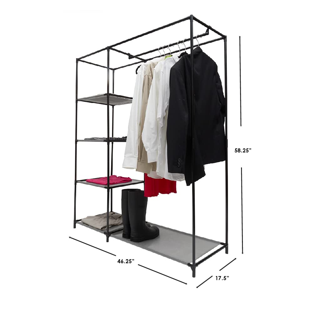 Home Basics Freestanding Storage Closet with Shelves, Grey | Open Design | 4 Tiers | Easy to Assemble | Steel Frame | Woven Fabric Shelves | Fold, Hang and Store All Essentials