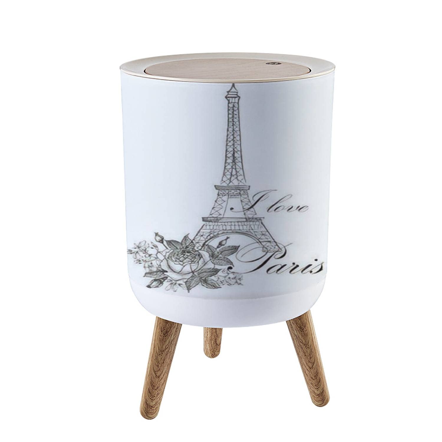 Nordic Style Trash Can - Floral Paris Famous Paris landmark Eiffel Tower Travel France Graphic Design Push Top Trash Can with Lid - Scandinavian Modern Garbage Can - Round Trash Bin w/ Legs for Kitchen/Bathroom/Dog proof, 1.8 Gallon - 7L