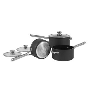 ninja zerostick stackable cookware 3-piece pan set, non-stick, 3 saucepans, 16cm, 18cm and 20cm with oven-safe glass lids, long lasting hard anodised aluminium, grey, c53000uk