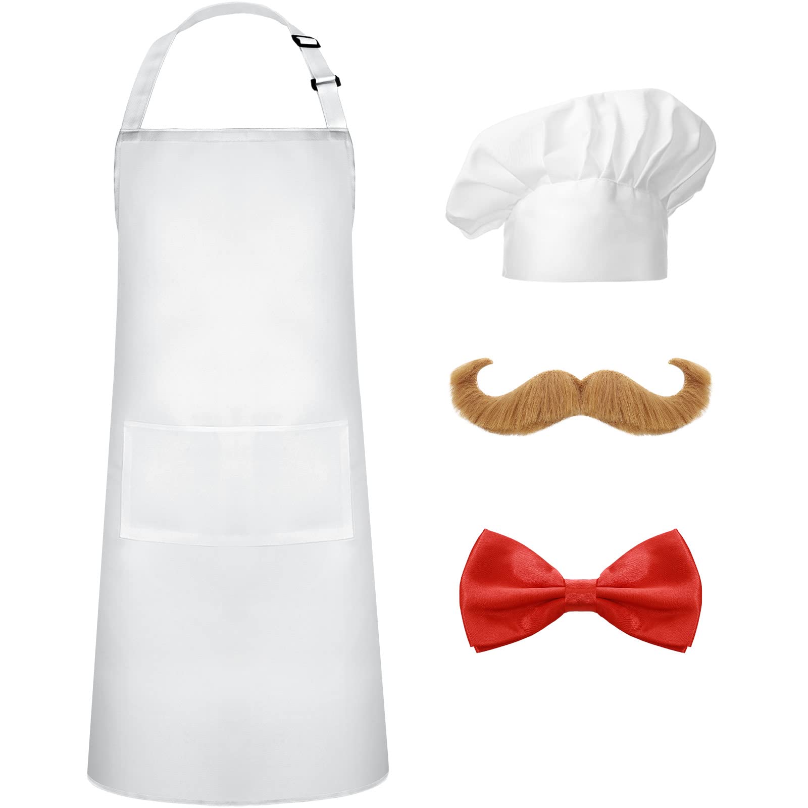 SATINIOR 4 Pcs Halloween Chef Costume Chef Apron Hat Set for Men Chef Hat White Apron Baker Costume Red Bow Tie Fake Beard Moustache for Halloween Cosplay Party