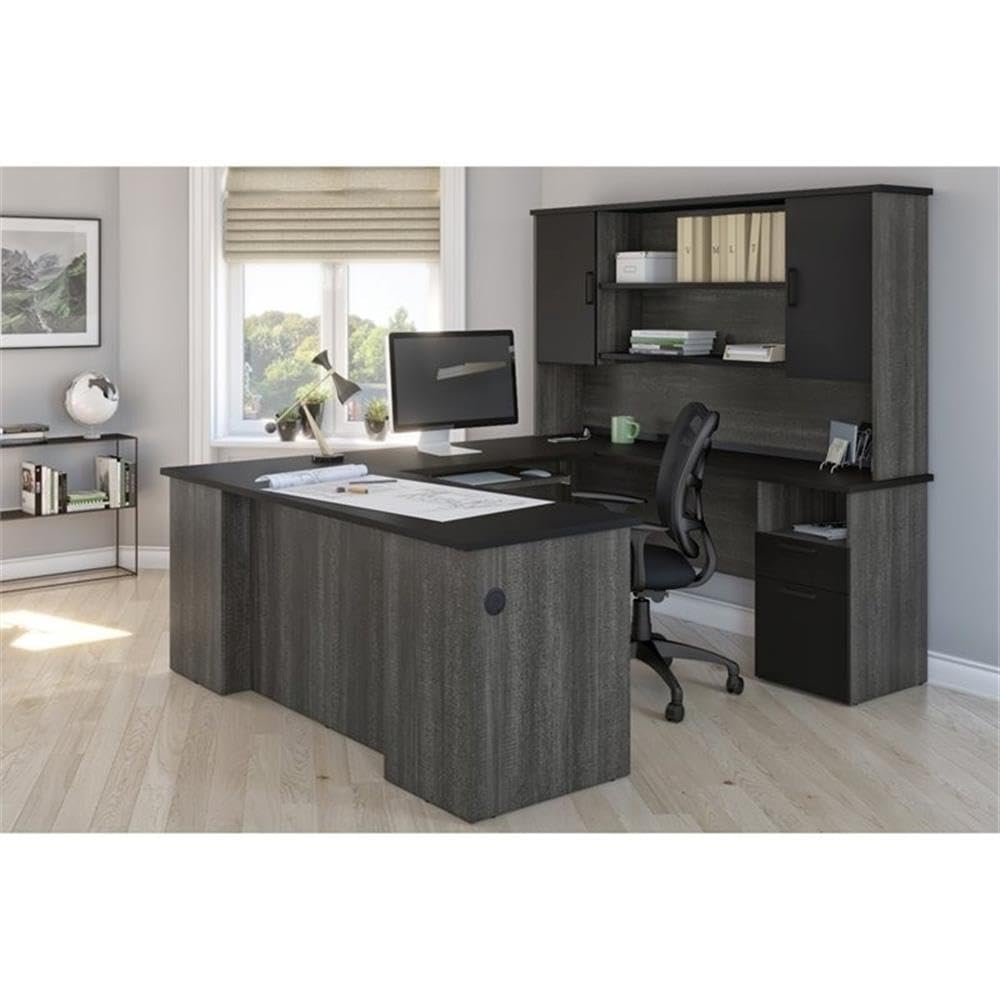 Atlin Designs Transitional Wood U Shaped Computer Desk in Black/Bark Gray