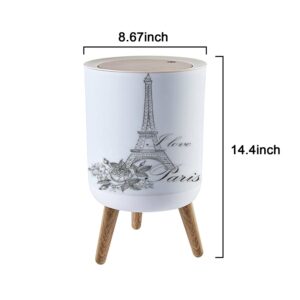 Nordic Style Trash Can - Floral Paris Famous Paris landmark Eiffel Tower Travel France Graphic Design Push Top Trash Can with Lid - Scandinavian Modern Garbage Can - Round Trash Bin w/ Legs for Kitchen/Bathroom/Dog proof, 1.8 Gallon - 7L