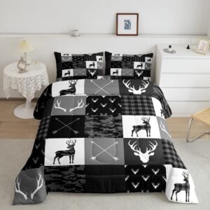 camo deer boys twin comforter set,deer antlers silhouette black grey camouflage quilt set for kids adults room decor,wild animals hunting adventure rustic comforter,geometric plaids arrow bedding set