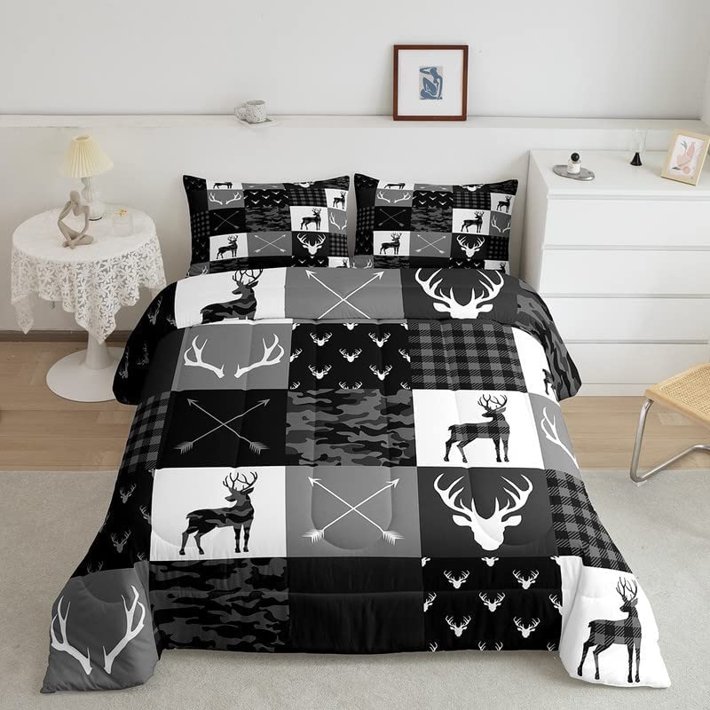 Camo Deer Boys Twin Comforter Set,Deer Antlers Silhouette Black Grey Camouflage Quilt Set for Kids Adults Room Decor,Wild Animals Hunting Adventure Rustic Comforter,Geometric Plaids Arrow Bedding Set