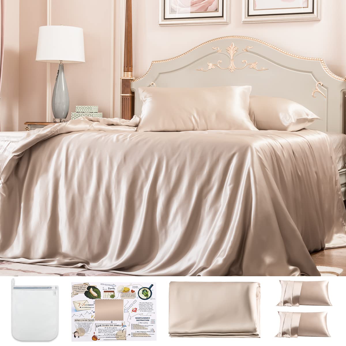 PROMEED 100% Mulberry Silk Duvet Cover Set 3PCS Queen Size, Real 23 Momme Grade 6A Silk Bedding Set with Duvet Cover and Pillowcases (Champagne, Queen)