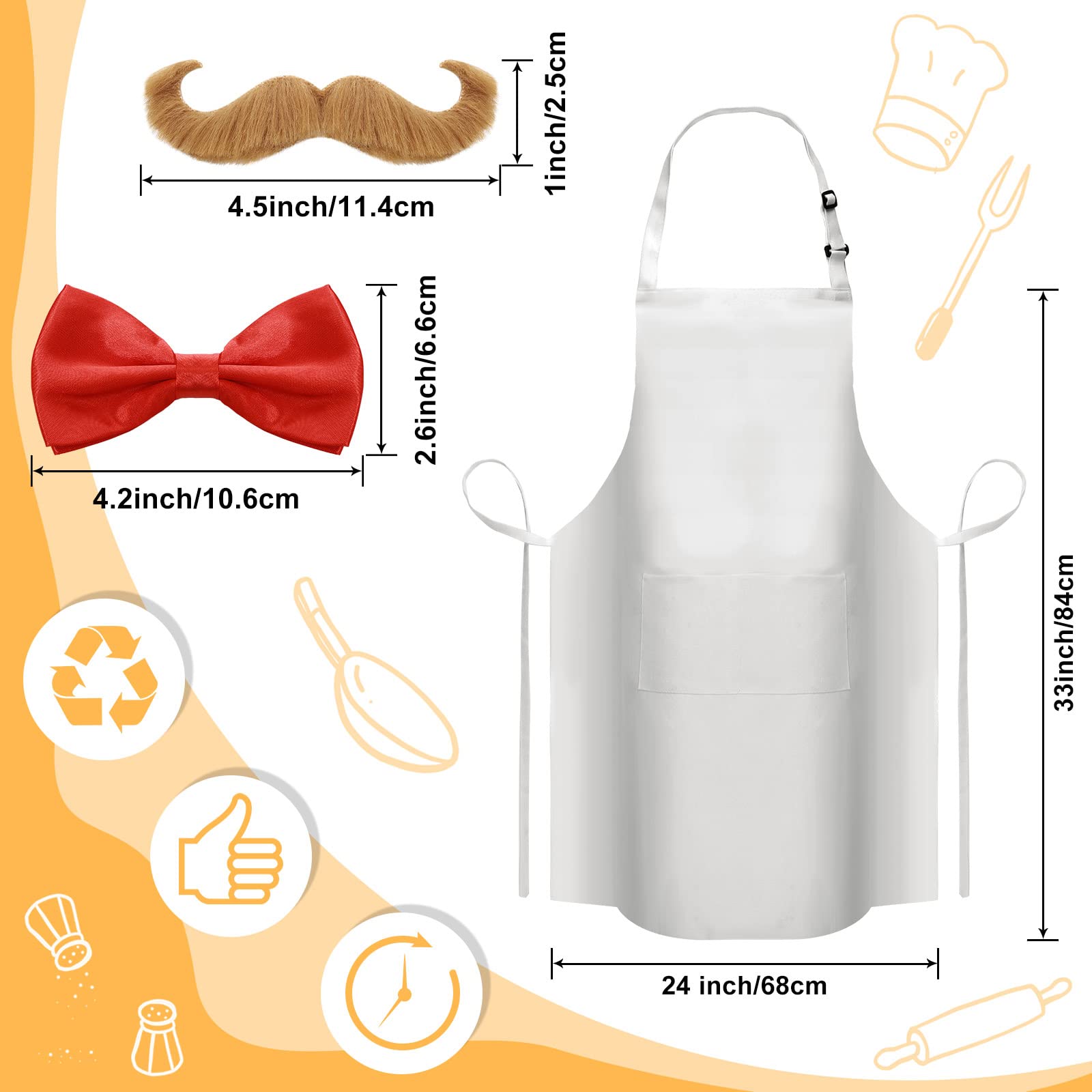 SATINIOR 4 Pcs Halloween Chef Costume Chef Apron Hat Set for Men Chef Hat White Apron Baker Costume Red Bow Tie Fake Beard Moustache for Halloween Cosplay Party