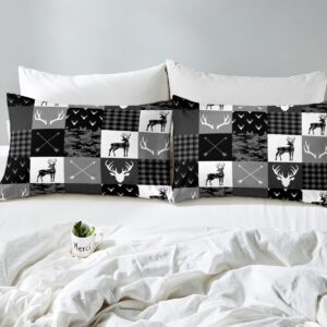 Camo Deer Boys Twin Comforter Set,Deer Antlers Silhouette Black Grey Camouflage Quilt Set for Kids Adults Room Decor,Wild Animals Hunting Adventure Rustic Comforter,Geometric Plaids Arrow Bedding Set