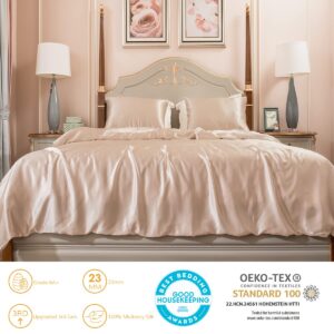 PROMEED 100% Mulberry Silk Duvet Cover Set 3PCS Queen Size, Real 23 Momme Grade 6A Silk Bedding Set with Duvet Cover and Pillowcases (Champagne, Queen)