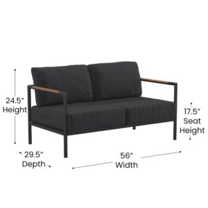 EMMA + OLIVER Black Aluminum Frame Loveseat with Teak Arm Accents and Charcoal Cushions