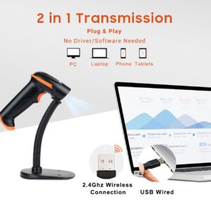 Tera Barcode Scanner Wireless 1D Laser Cordless Barcode Reader with Battery Level Indicator, Versatile 2 in 1 2.4Ghz Wireless and USB 2.0 Wired with Stand Model 5100-Z