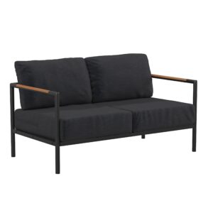 EMMA + OLIVER Black Aluminum Frame Loveseat with Teak Arm Accents and Charcoal Cushions