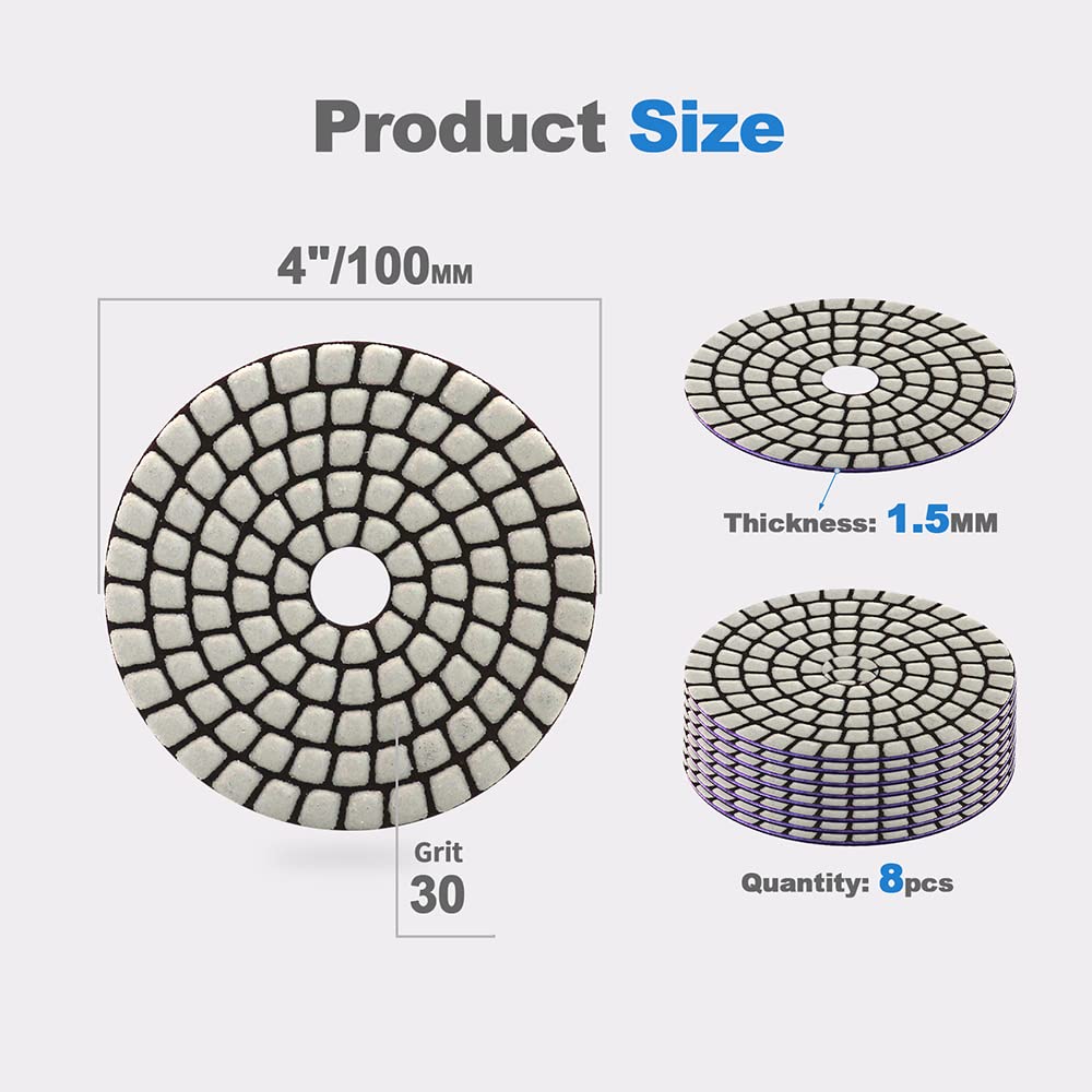 Dry Diamond Polishing Pads - 8pcs 4 inch #30 Sanding Pads Kit for Granite Marble Ceramic Used on Angle Grinder or Polisher