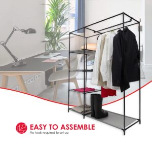 Home Basics Freestanding Storage Closet with Shelves, Grey | Open Design | 4 Tiers | Easy to Assemble | Steel Frame | Woven Fabric Shelves | Fold, Hang and Store All Essentials