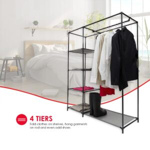 Home Basics Freestanding Storage Closet with Shelves, Grey | Open Design | 4 Tiers | Easy to Assemble | Steel Frame | Woven Fabric Shelves | Fold, Hang and Store All Essentials