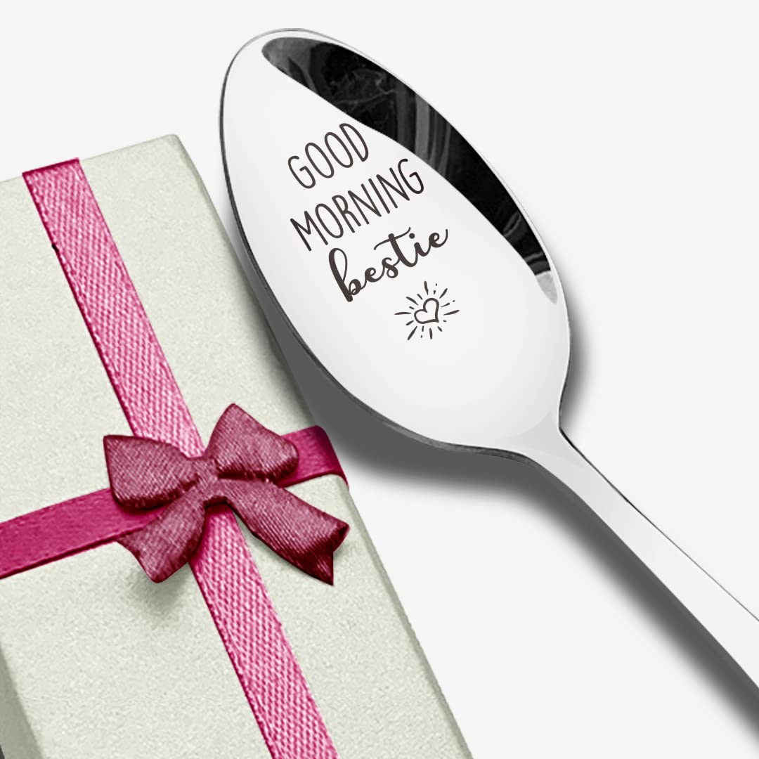 Good Morning Bestie Spoon Engraved Stainless Steel, Love Quote Gifts for Best Friends Bestie Teaspoon Coffee Spoon Gifts for Birthday Christmas