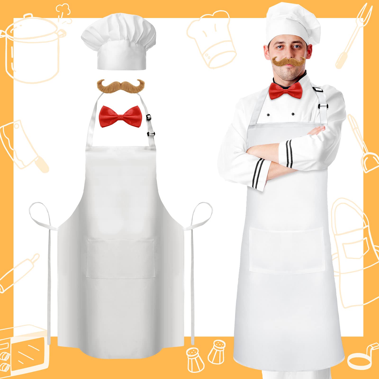 SATINIOR 4 Pcs Halloween Chef Costume Chef Apron Hat Set for Men Chef Hat White Apron Baker Costume Red Bow Tie Fake Beard Moustache for Halloween Cosplay Party