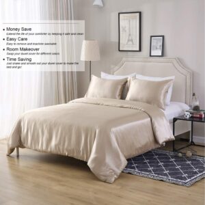 Utra Soft Silk Like Satin Queen Size Champagne 4 Piece Duvet Cover Set (Duvet Cover + Fitted Sheet 16'' + 2 Pillow Cases) Luxury Satin Zipper Closure Soft Comforter Protector