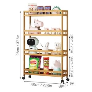 LZYMSZ Bamboo 4-Tier Kitchen Storage Carts with Wheels, Lockable Slim Bathroom Organizer Laundry Room Organizer, Easy Assemble Rolling Cart Storage Shelf for Narrow Places (23.6 x 7 x 37.8inch)