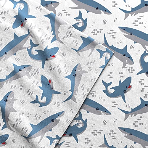 dream FACTORY Kids Sheet Set Lightweight Microfiber Bed Sheets Super Soft Easy Wash Cozy Bedding 10” Pocket - Twin, Blue Sharks